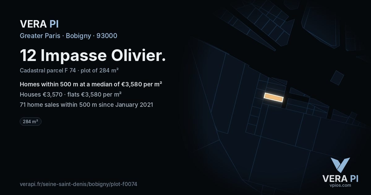 12 Impasse Olivier, Bobigny at night – the plot lit, the parcels around coloured by the prices near them