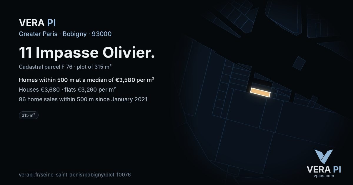 11 Impasse Olivier, Bobigny at night – the plot lit, the parcels around coloured by the prices near them