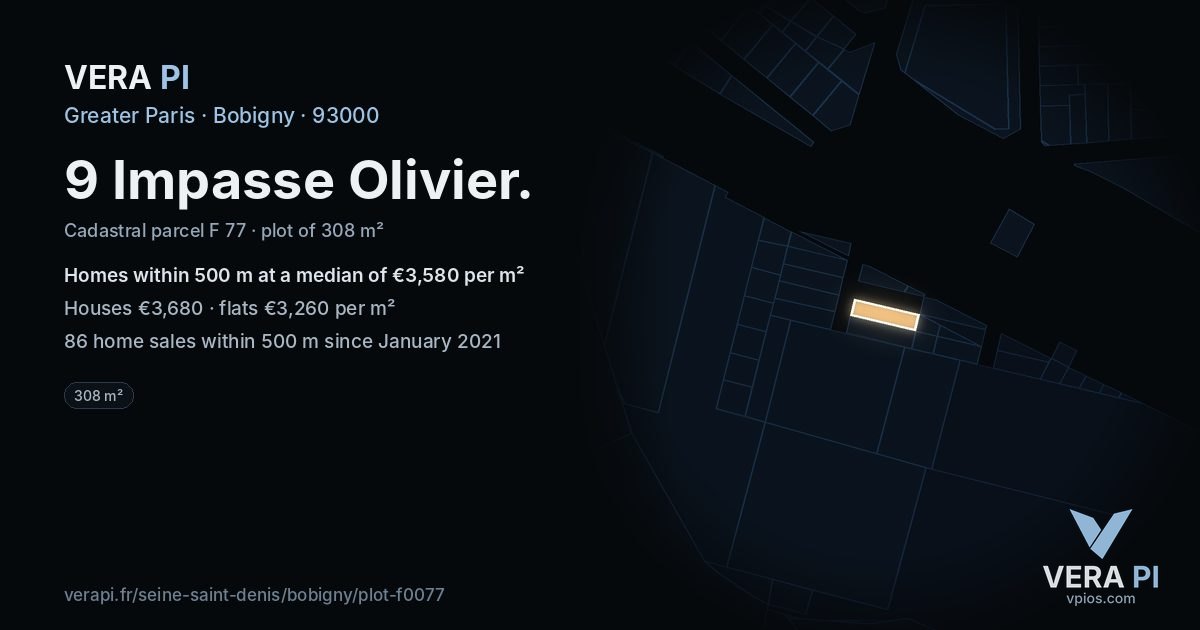 9 Impasse Olivier, Bobigny at night – the plot lit, the parcels around coloured by the prices near them