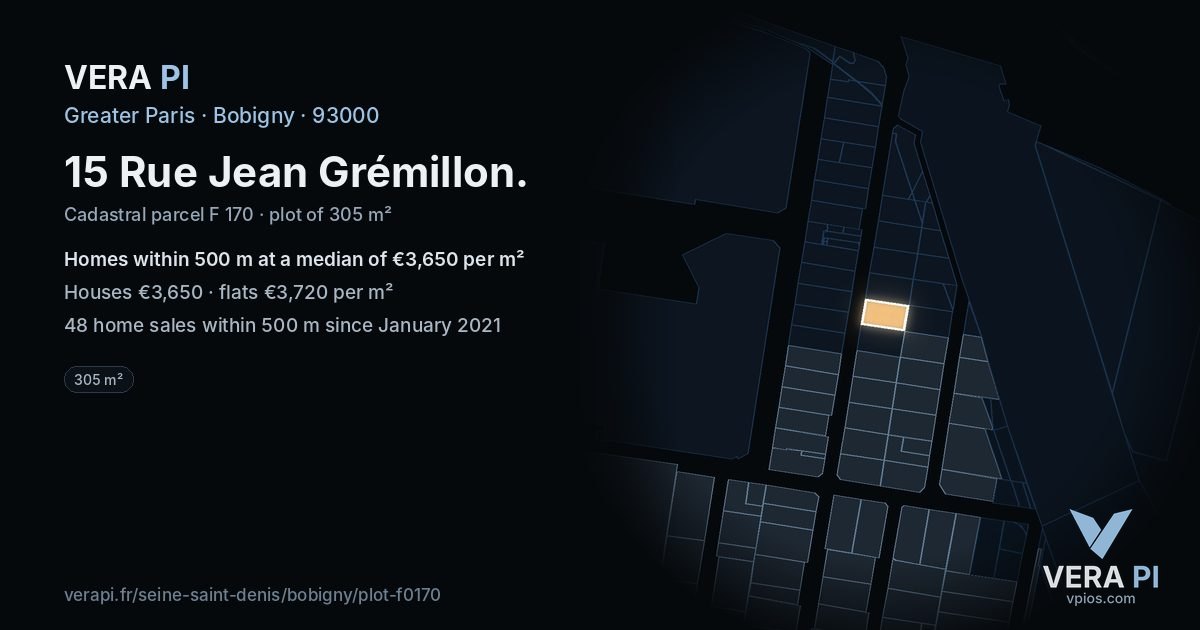 15 Rue Jean Grémillon, Bobigny at night – the plot lit, the parcels around coloured by the prices near them