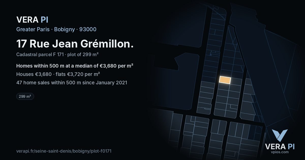 17 Rue Jean Grémillon, Bobigny at night – the plot lit, the parcels around coloured by the prices near them