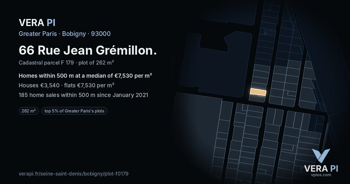 66 Rue Jean Grémillon, Bobigny at night – the plot lit, the parcels around coloured by the prices near them