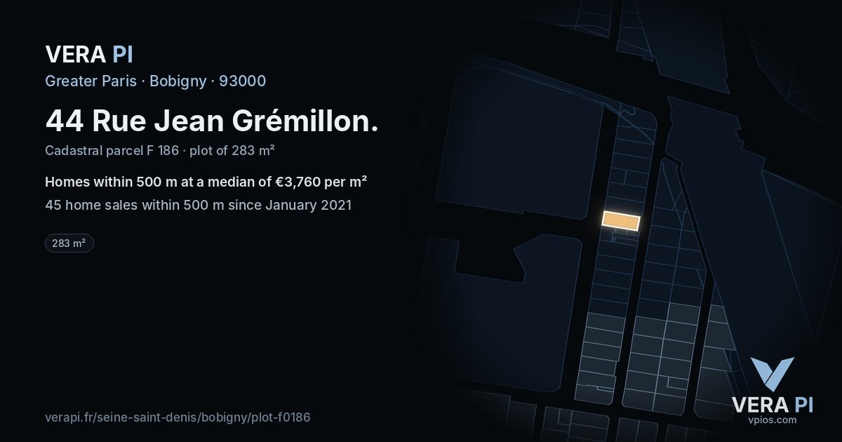44 Rue Jean Grémillon, Bobigny at night – the plot lit, the parcels around coloured by the prices near them