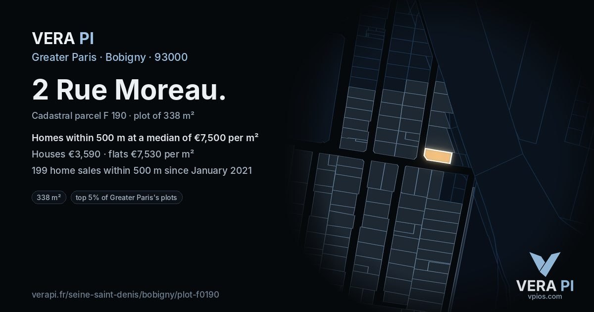 2 Rue Moreau, Bobigny at night – the plot lit, the parcels around coloured by the prices near them