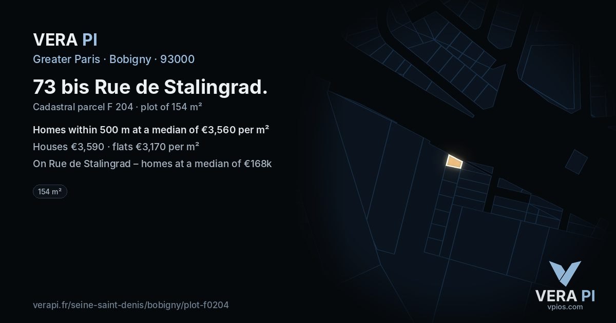 73 bis Rue de Stalingrad, Bobigny at night – the plot lit, the parcels around coloured by the prices near them