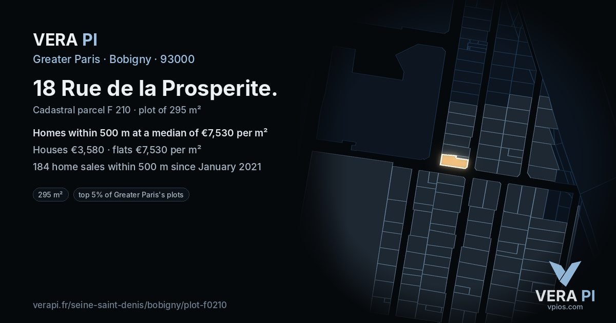 18 Rue de la Prosperite, Bobigny at night – the plot lit, the parcels around coloured by the prices near them