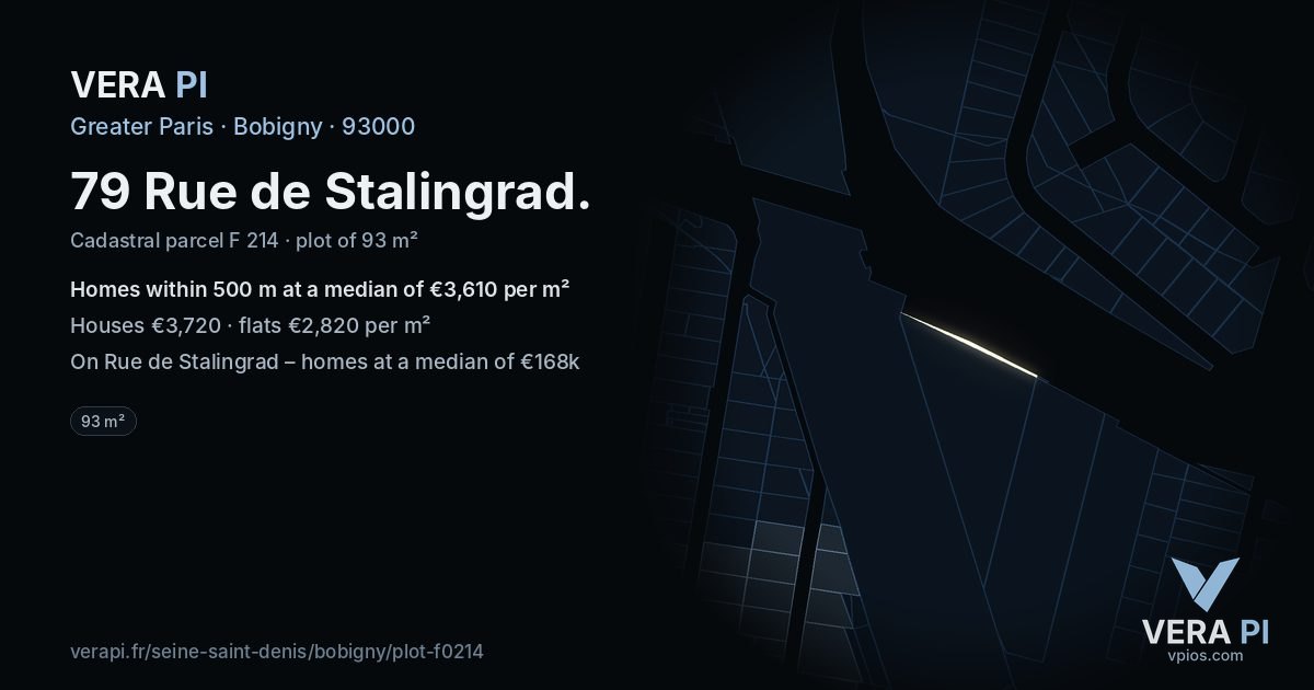 79 Rue de Stalingrad, Bobigny at night – the plot lit, the parcels around coloured by the prices near them