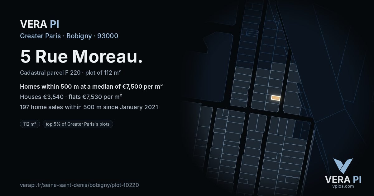 5 Rue Moreau, Bobigny at night – the plot lit, the parcels around coloured by the prices near them