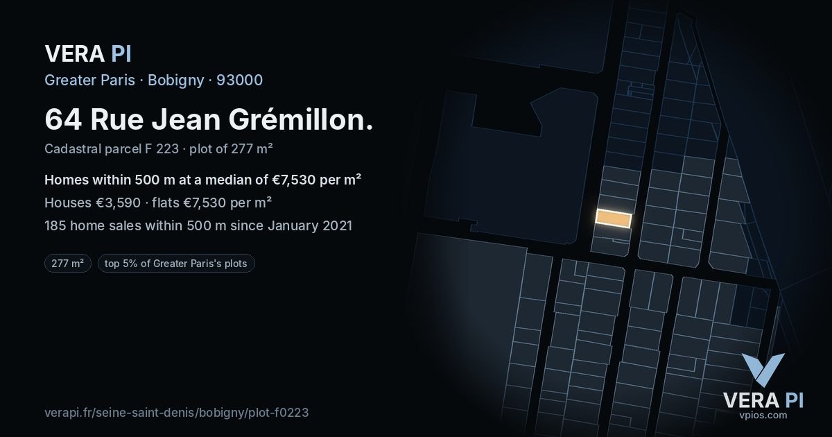 64 Rue Jean Grémillon, Bobigny at night – the plot lit, the parcels around coloured by the prices near them