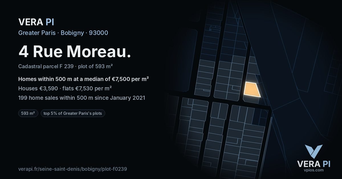 4 Rue Moreau, Bobigny at night – the plot lit, the parcels around coloured by the prices near them