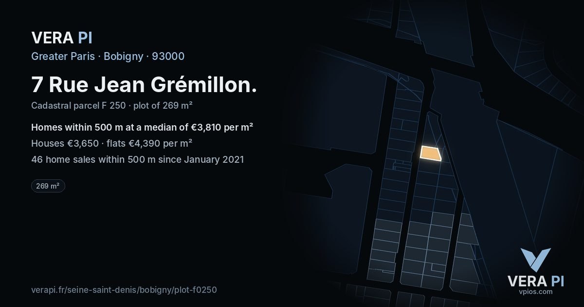 7 Rue Jean Grémillon, Bobigny at night – the plot lit, the parcels around coloured by the prices near them