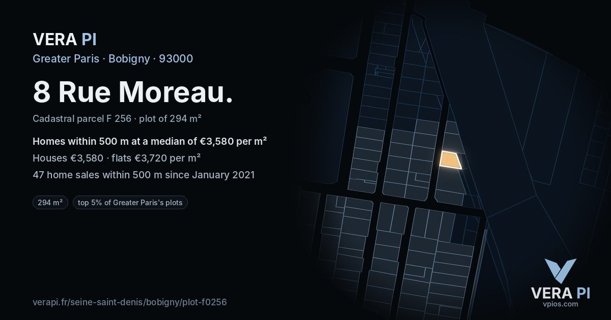 8 Rue Moreau, Bobigny at night – the plot lit, the parcels around coloured by the prices near them
