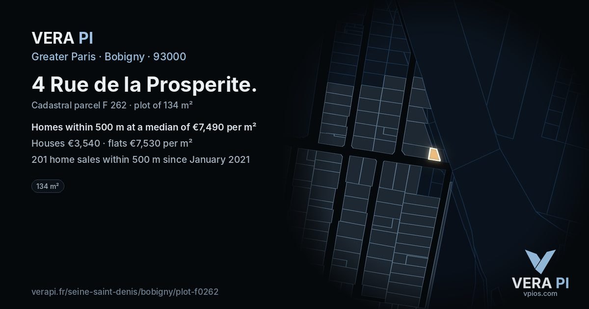 4 Rue de la Prosperite, Bobigny at night – the plot lit, the parcels around coloured by the prices near them