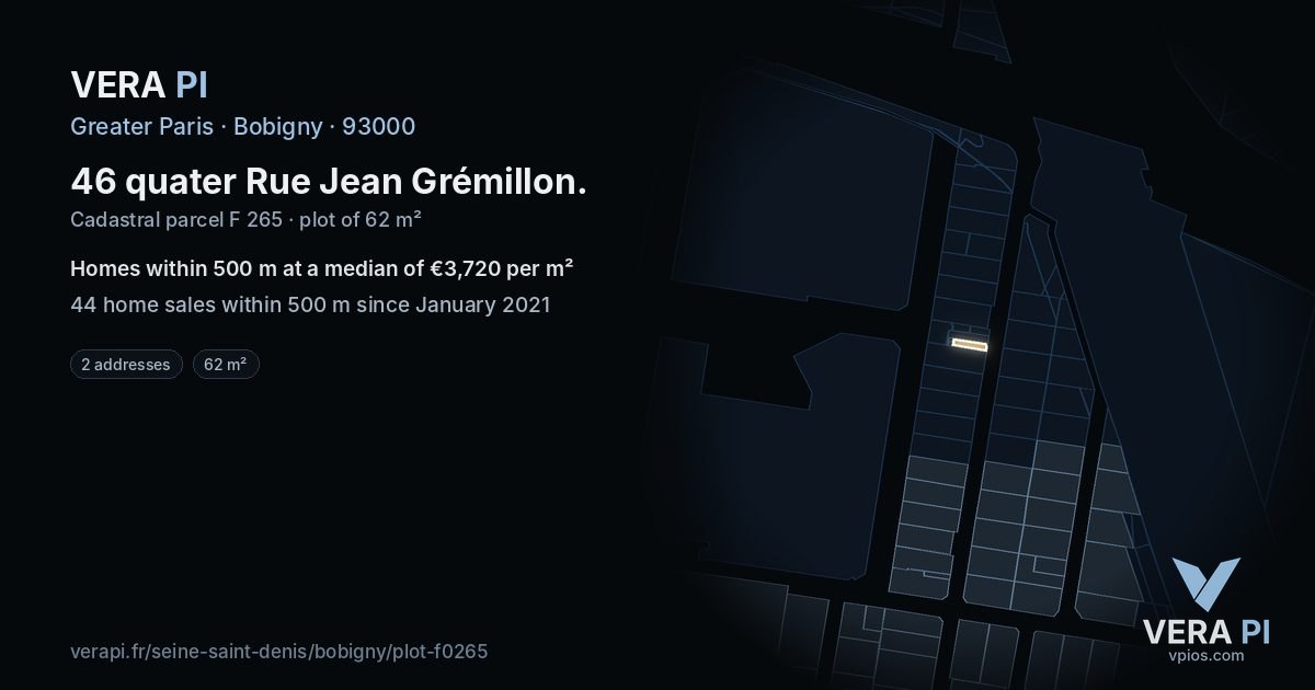 46 quater Rue Jean Grémillon, Bobigny at night – the plot lit, the parcels around coloured by the prices near them