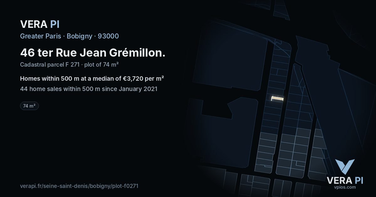 46 ter Rue Jean Grémillon, Bobigny at night – the plot lit, the parcels around coloured by the prices near them