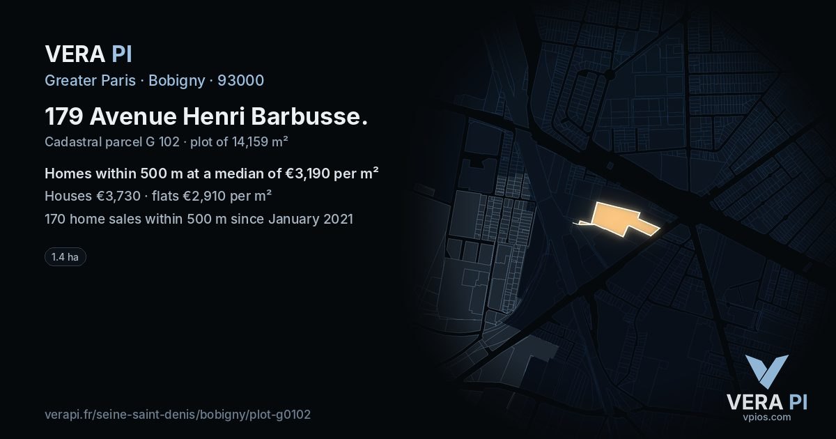 179 Avenue Henri Barbusse, Bobigny at night – the plot lit, the parcels around coloured by the prices near them