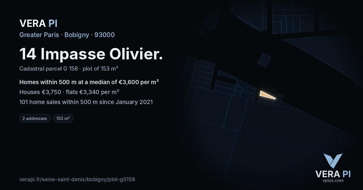 14 Impasse Olivier, Bobigny at night – the plot lit, the parcels around coloured by the prices near them