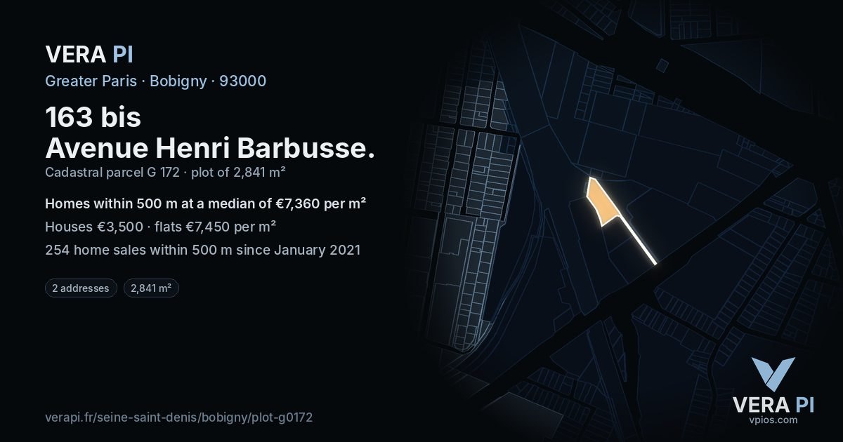 163 bis Avenue Henri Barbusse, Bobigny at night – the plot lit, the parcels around coloured by the prices near them