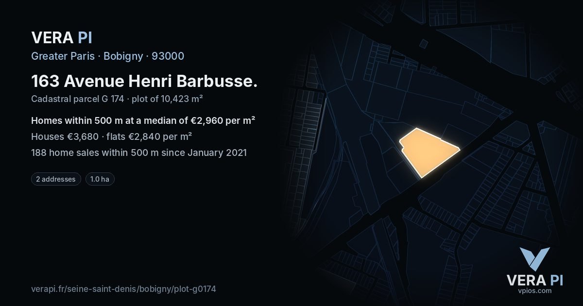 163 Avenue Henri Barbusse, Bobigny at night – the plot lit, the parcels around coloured by the prices near them