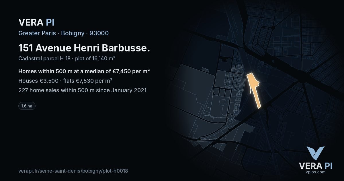 151 Avenue Henri Barbusse, Bobigny at night – the plot lit, the parcels around coloured by the prices near them