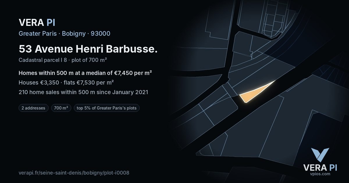53 Avenue Henri Barbusse, Bobigny at night – the plot lit, the parcels around coloured by the prices near them