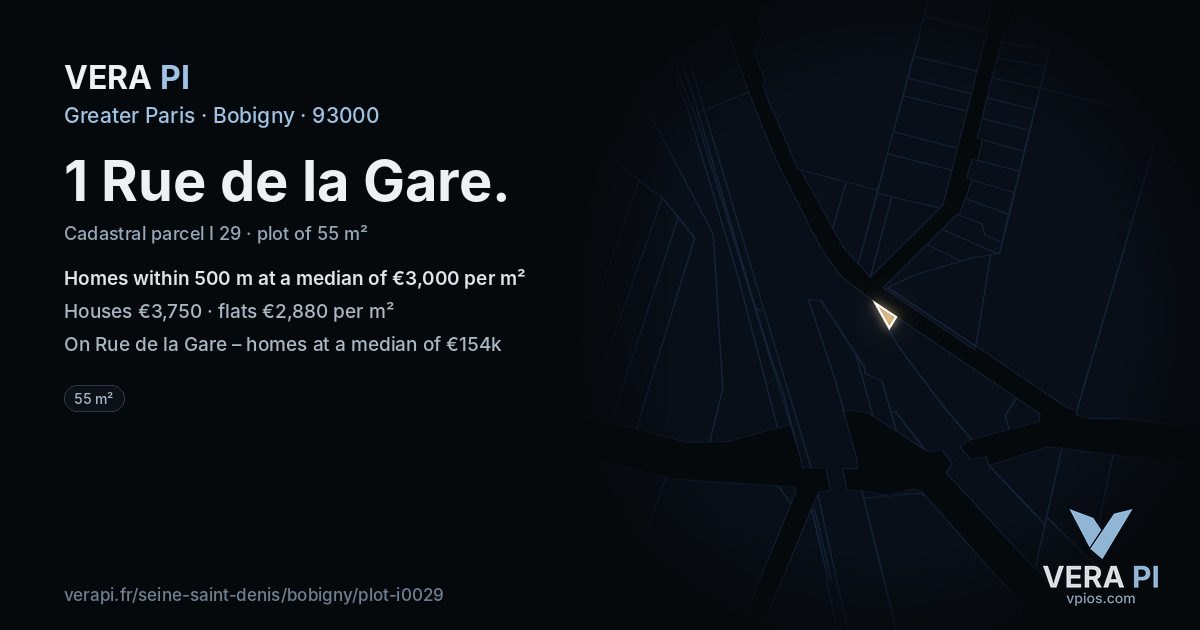 1 Rue de la Gare, Bobigny at night – the plot lit, the parcels around coloured by the prices near them