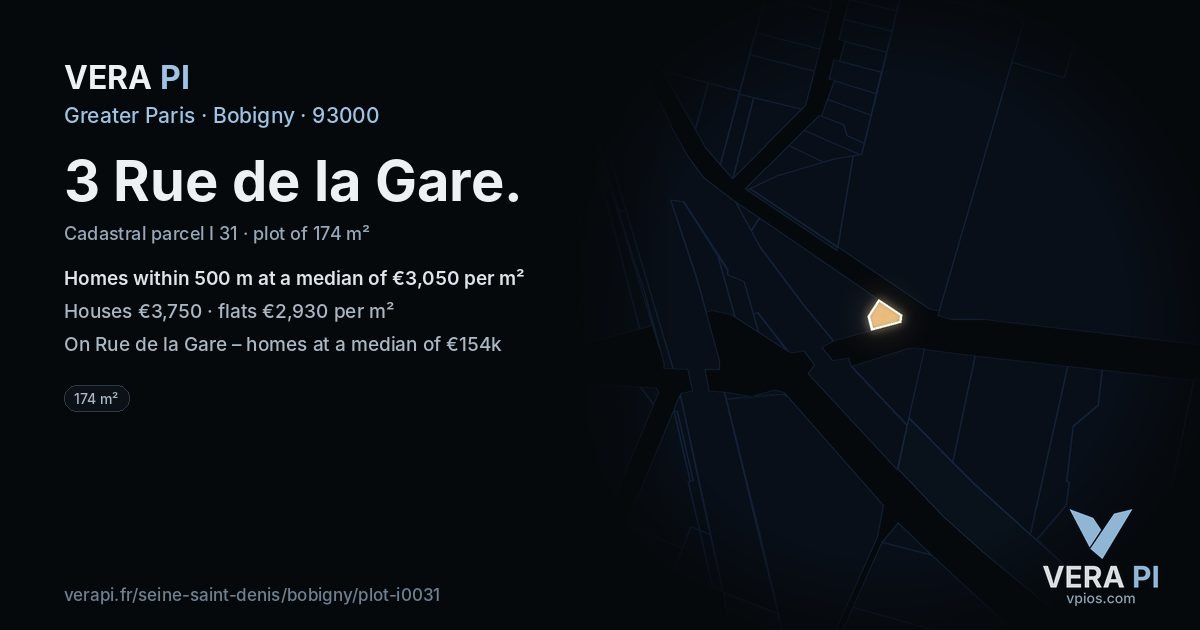 3 Rue de la Gare, Bobigny at night – the plot lit, the parcels around coloured by the prices near them