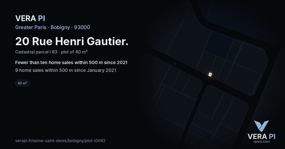 20 Rue Henri Gautier, Bobigny at night – the plot lit, the parcels around coloured by the prices near them