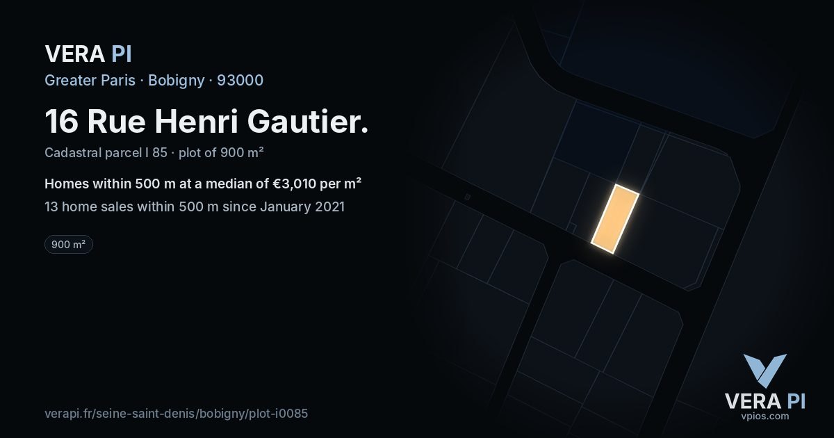 16 Rue Henri Gautier, Bobigny at night – the plot lit, the parcels around coloured by the prices near them