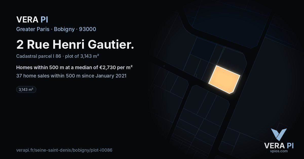 2 Rue Henri Gautier, Bobigny at night – the plot lit, the parcels around coloured by the prices near them
