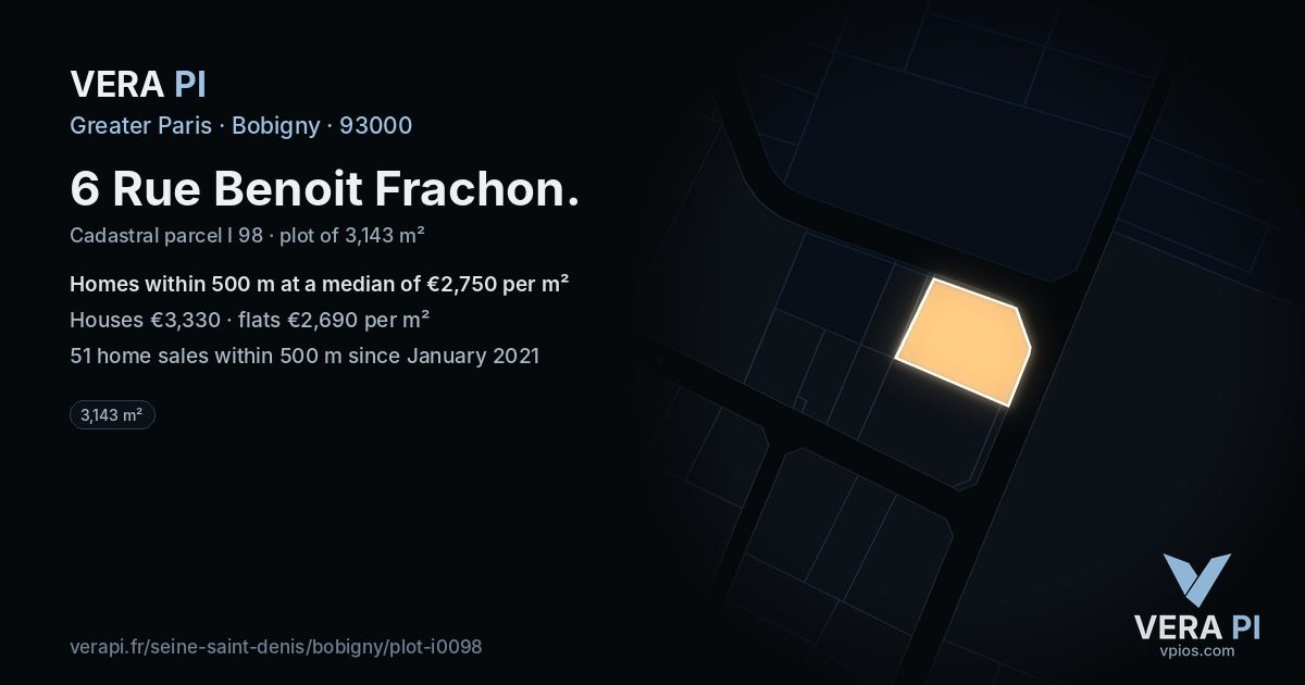 6 Rue Benoit Frachon, Bobigny at night – the plot lit, the parcels around coloured by the prices near them