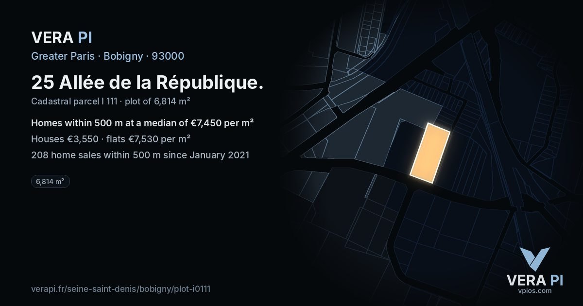 25 Allée de la République, Bobigny at night – the plot lit, the parcels around coloured by the prices near them