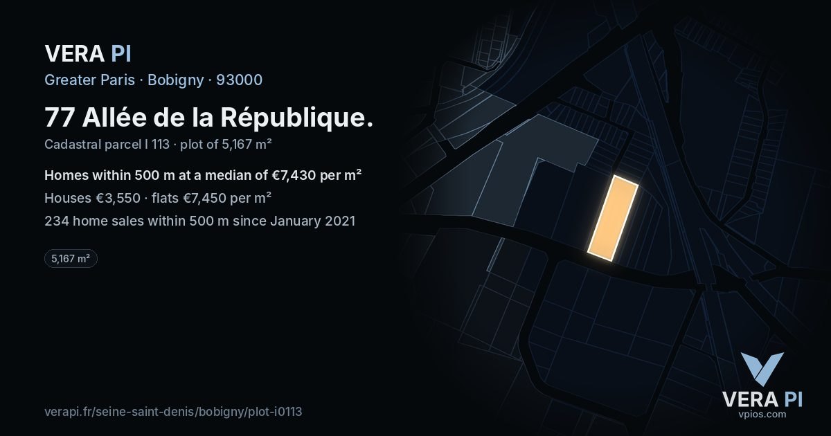 77 Allée de la République, Bobigny at night – the plot lit, the parcels around coloured by the prices near them