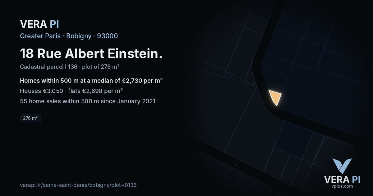 18 Rue Albert Einstein, Bobigny at night – the plot lit, the parcels around coloured by the prices near them