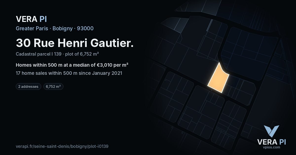 30 Rue Henri Gautier, Bobigny at night – the plot lit, the parcels around coloured by the prices near them