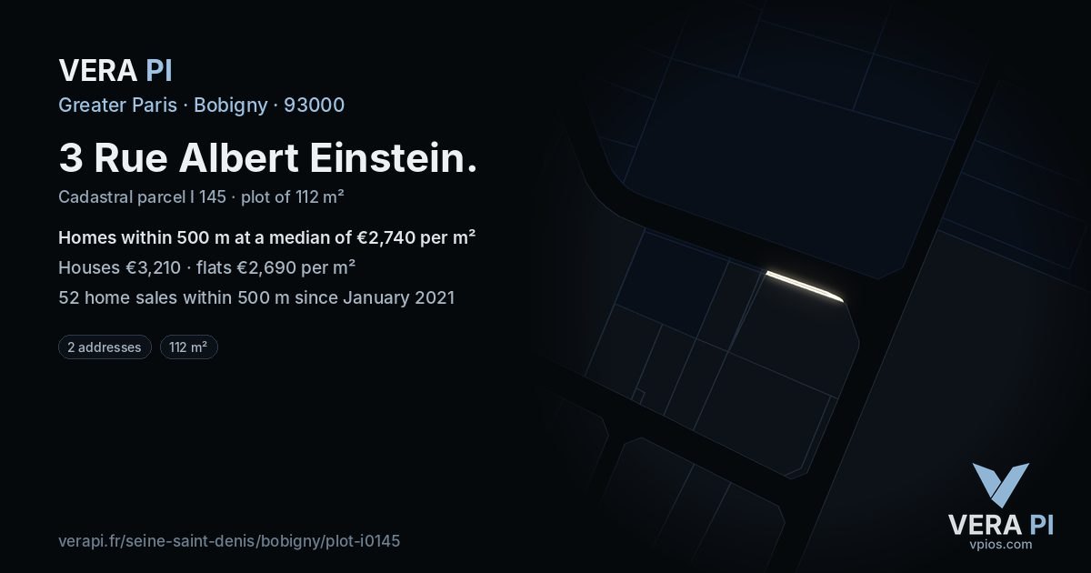 3 Rue Albert Einstein, Bobigny at night – the plot lit, the parcels around coloured by the prices near them