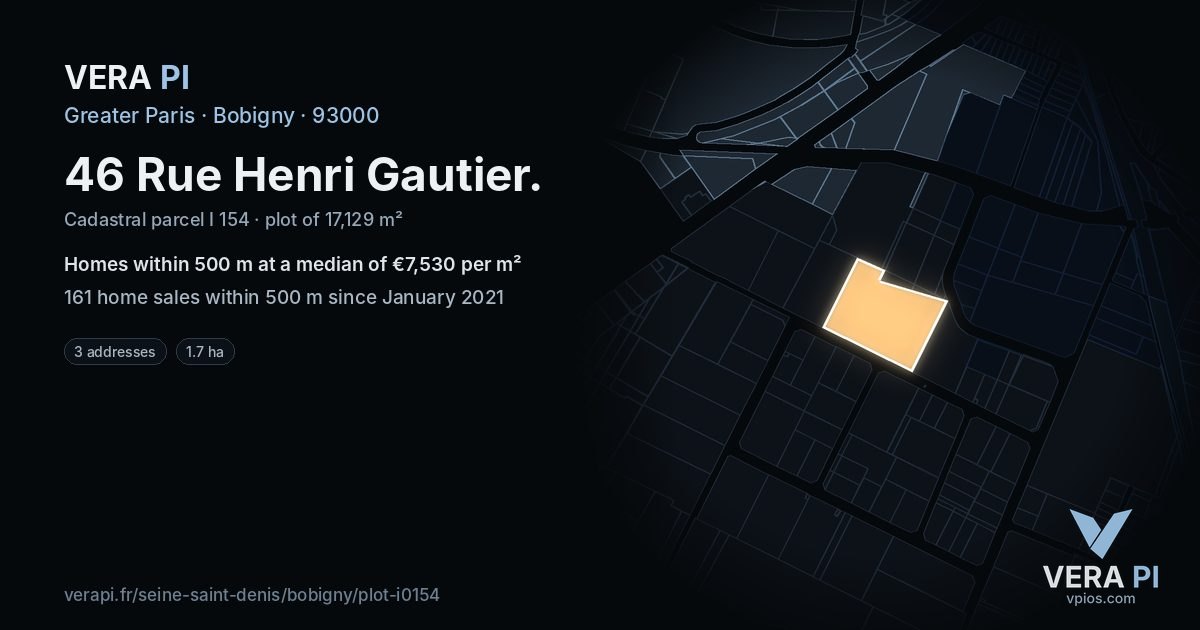 46 Rue Henri Gautier, Bobigny at night – the plot lit, the parcels around coloured by the prices near them