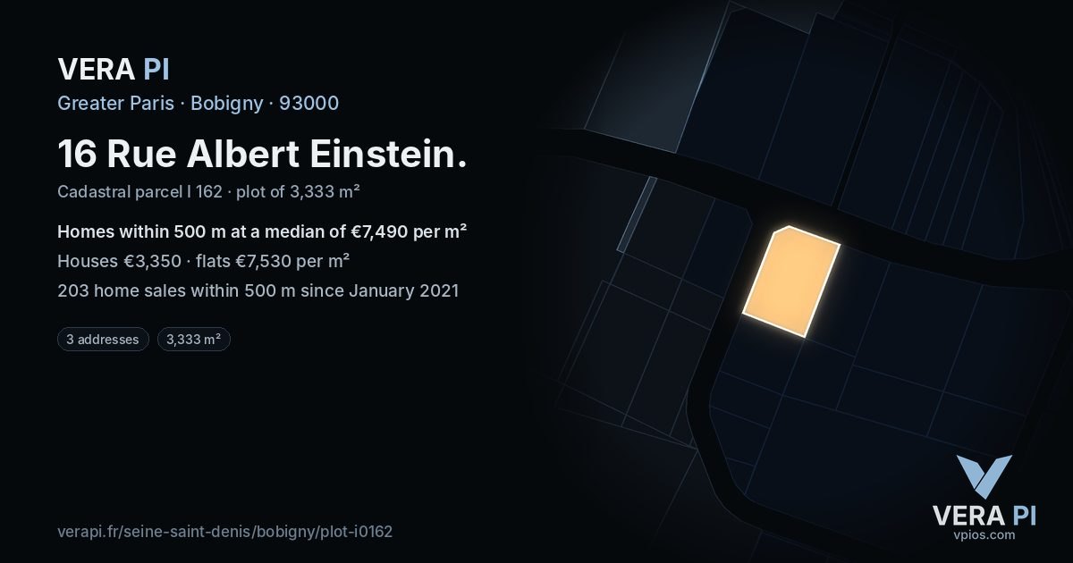 16 Rue Albert Einstein, Bobigny at night – the plot lit, the parcels around coloured by the prices near them