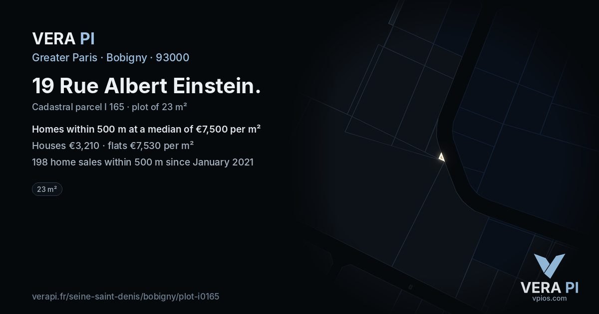 19 Rue Albert Einstein, Bobigny at night – the plot lit, the parcels around coloured by the prices near them