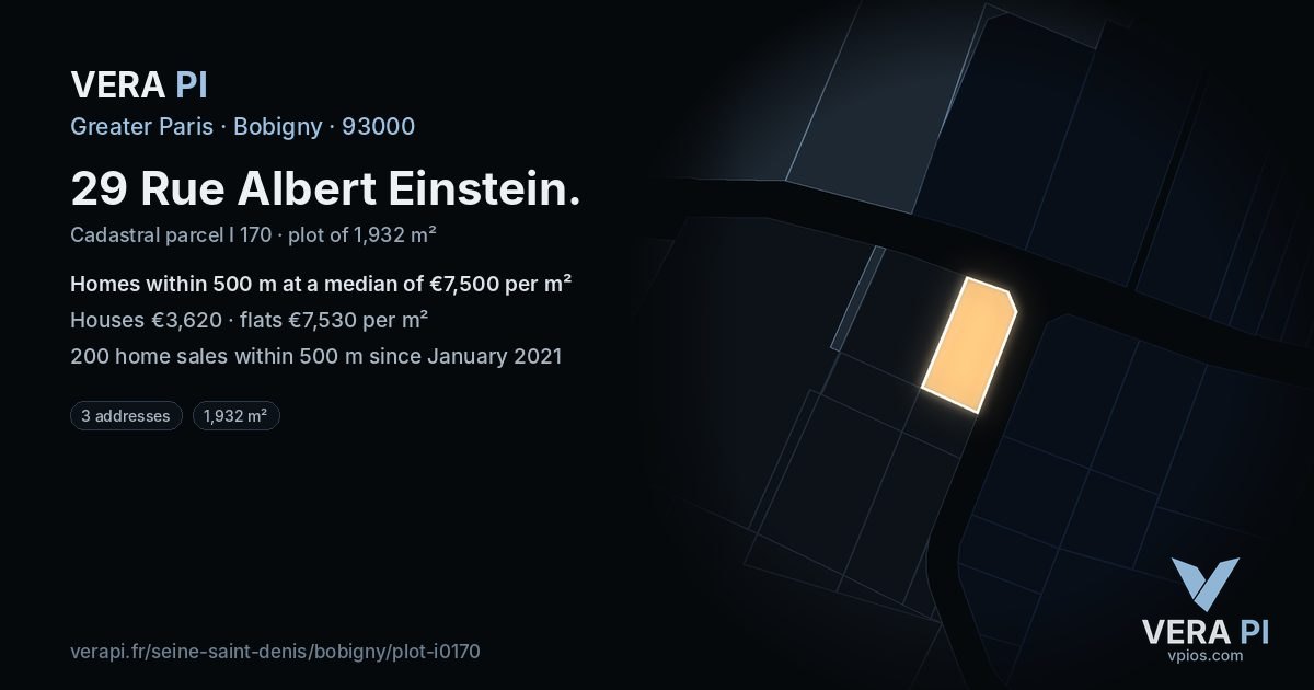 29 Rue Albert Einstein, Bobigny at night – the plot lit, the parcels around coloured by the prices near them