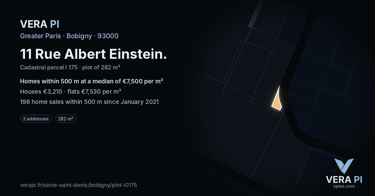 11 Rue Albert Einstein, Bobigny at night – the plot lit, the parcels around coloured by the prices near them