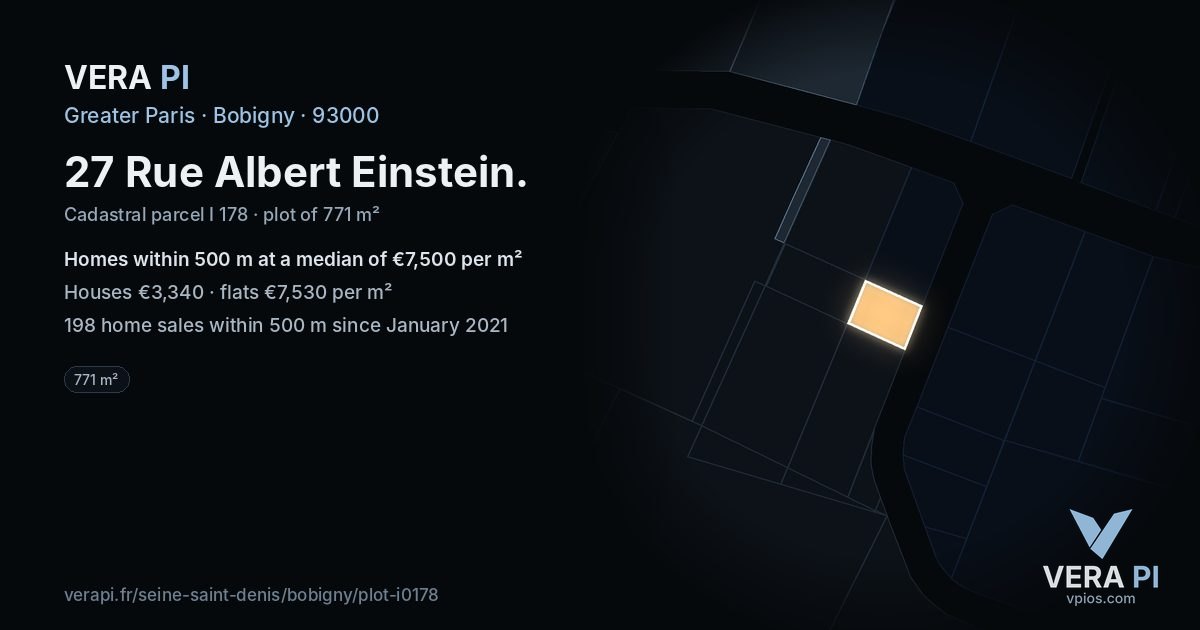 27 Rue Albert Einstein, Bobigny at night – the plot lit, the parcels around coloured by the prices near them