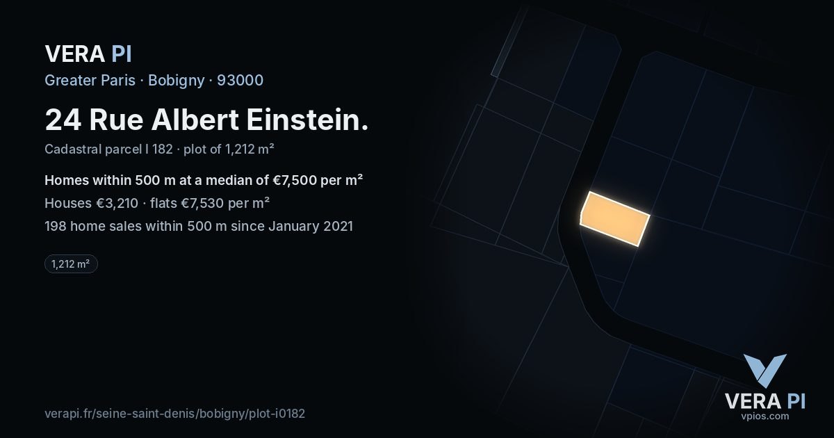 24 Rue Albert Einstein, Bobigny at night – the plot lit, the parcels around coloured by the prices near them