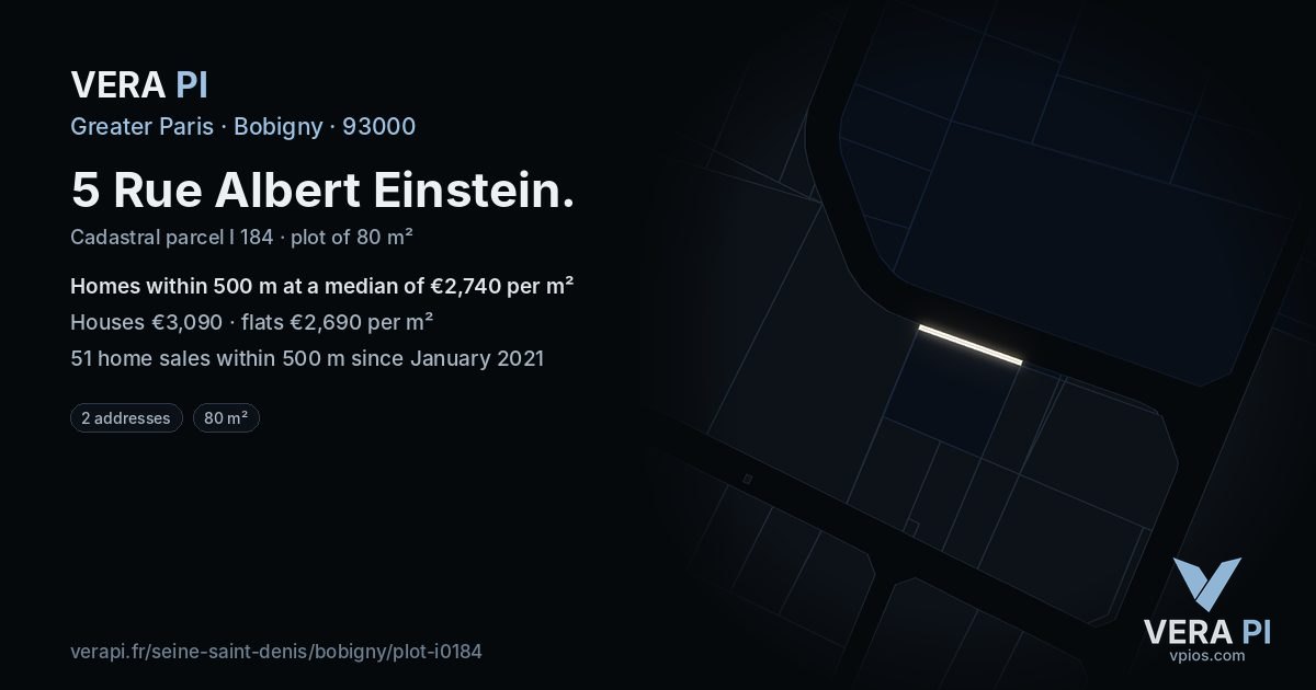 5 Rue Albert Einstein, Bobigny at night – the plot lit, the parcels around coloured by the prices near them