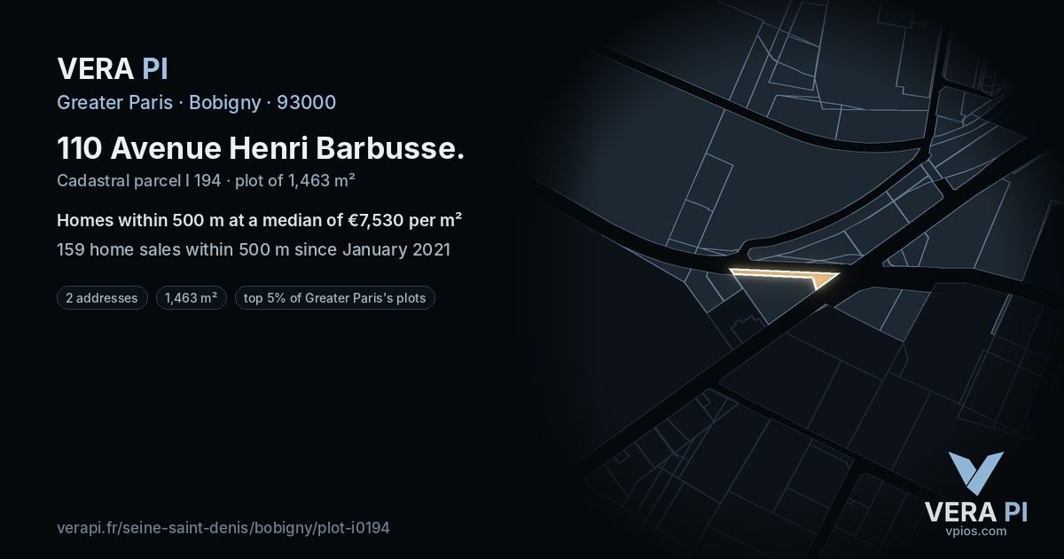 110 Avenue Henri Barbusse, Bobigny at night – the plot lit, the parcels around coloured by the prices near them