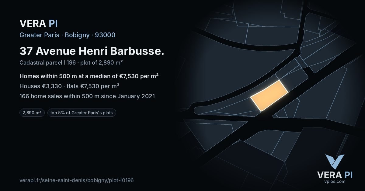 37 Avenue Henri Barbusse, Bobigny at night – the plot lit, the parcels around coloured by the prices near them