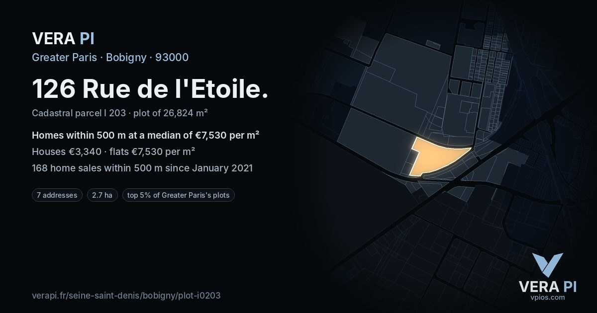 126 Rue de l'Etoile, Bobigny at night – the plot lit, the parcels around coloured by the prices near them