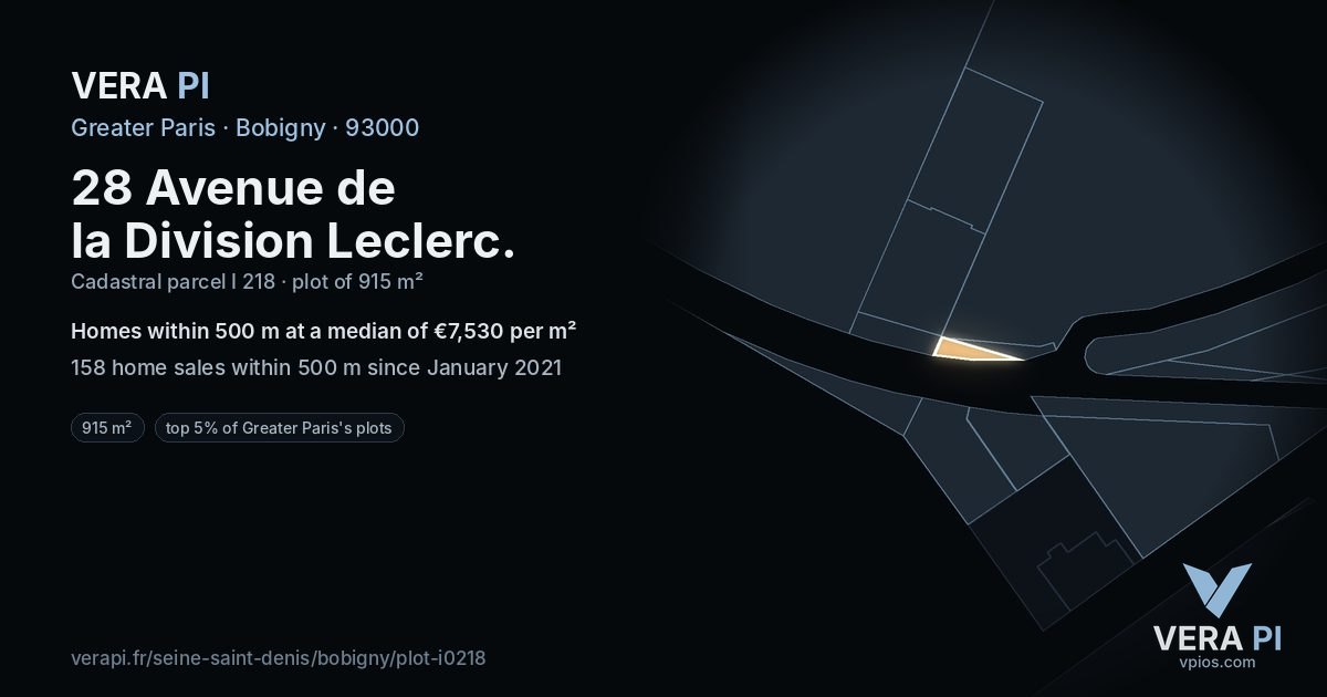 28 Avenue de la Division Leclerc, Bobigny at night – the plot lit, the parcels around coloured by the prices near them