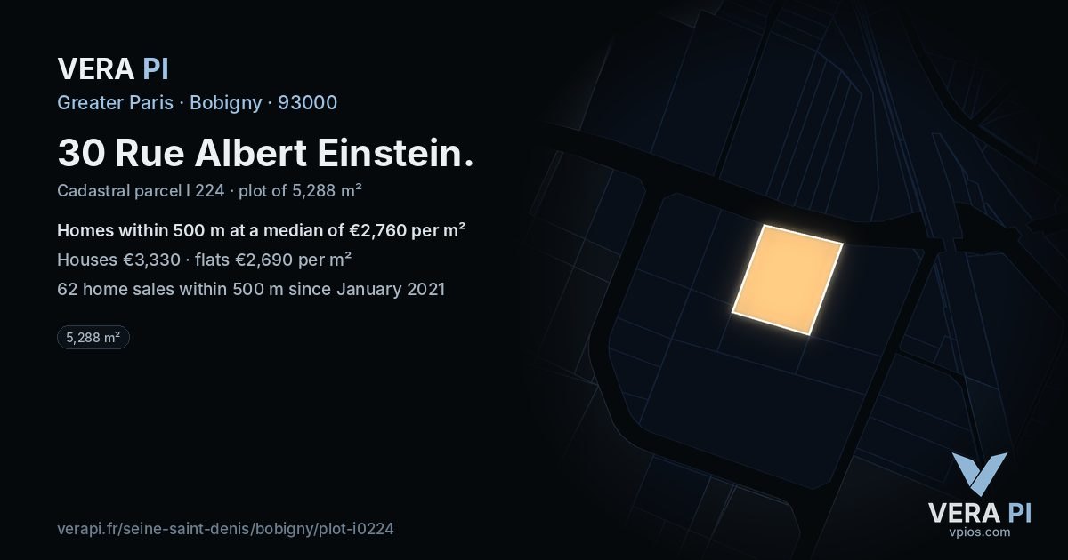 30 Rue Albert Einstein, Bobigny at night – the plot lit, the parcels around coloured by the prices near them