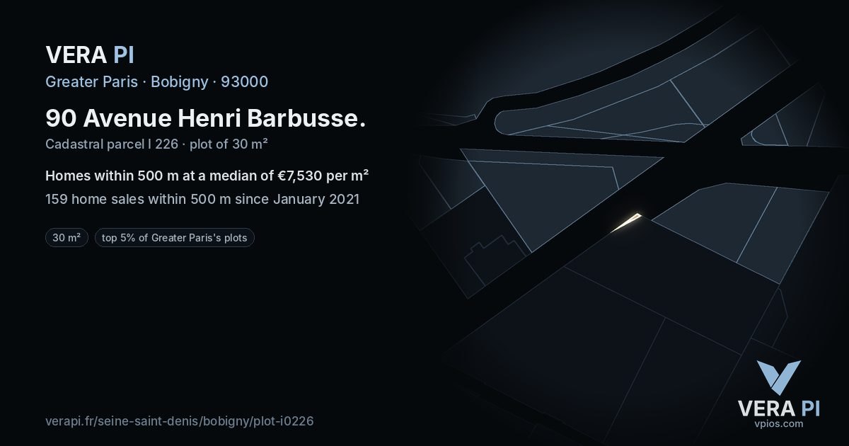 90 Avenue Henri Barbusse, Bobigny at night – the plot lit, the parcels around coloured by the prices near them